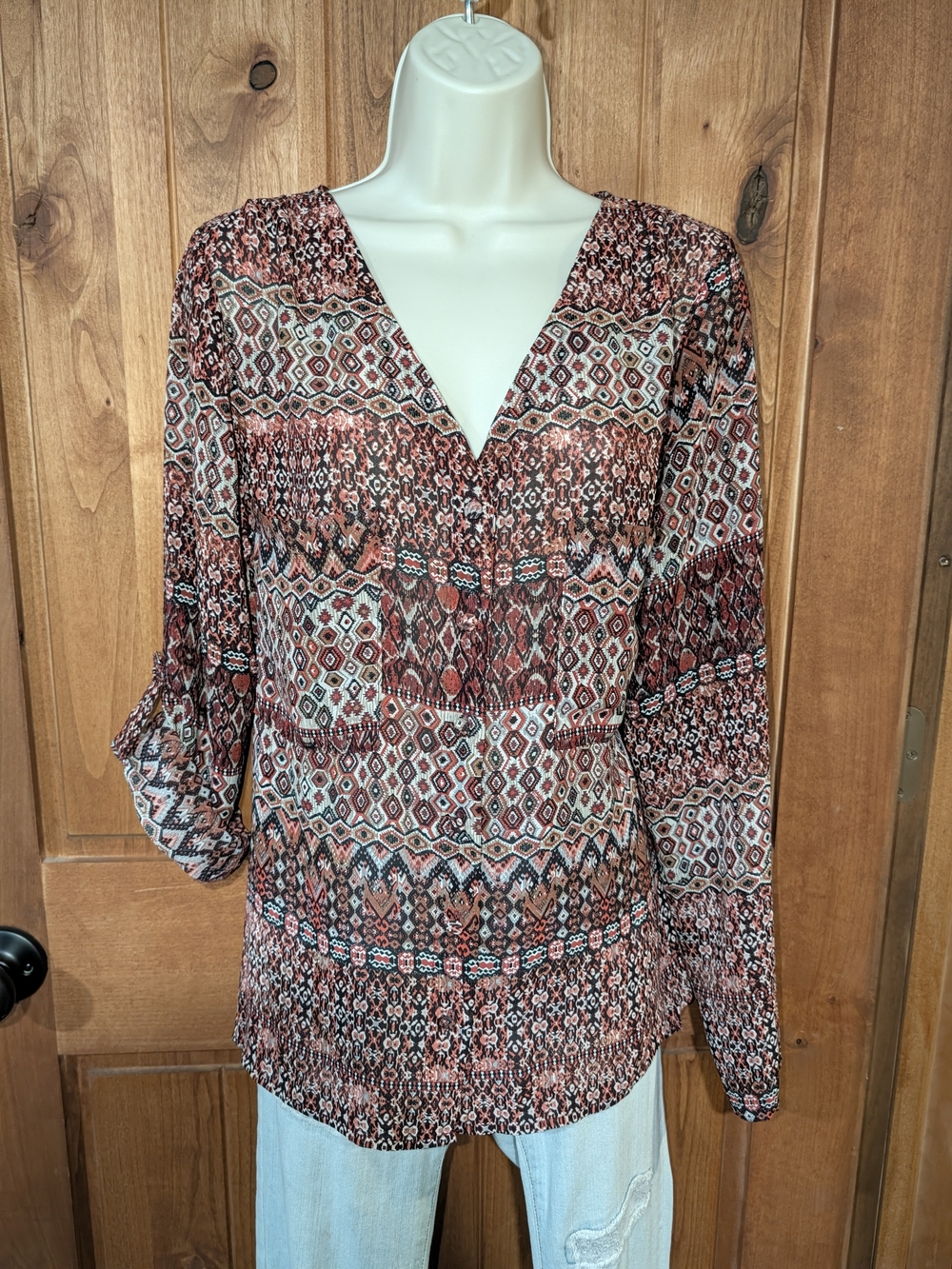BKE Multi-Color Print V-Neck Blouse - Rust Accents